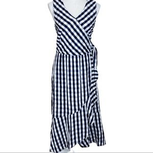 Navy Checked Ruffle Hem Surplice Dress Size M